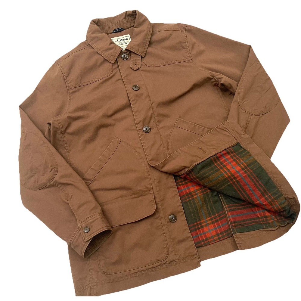 LL Bean Canvas Field‎ Chore Coat Wool Plaid Lined Jacket Large Brown Pockets